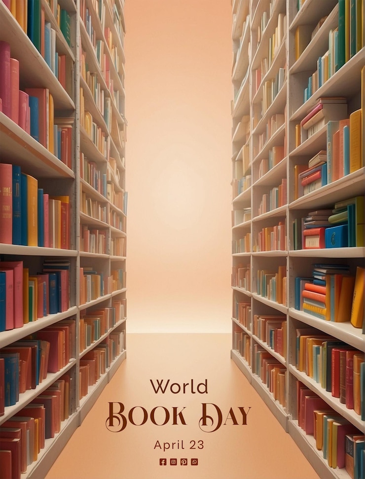 PSD concetto della giornata mondiale del libro entrambi i lati libro auto biblioteca scena del corridoio stretto sullo sfondo fuzz di pace