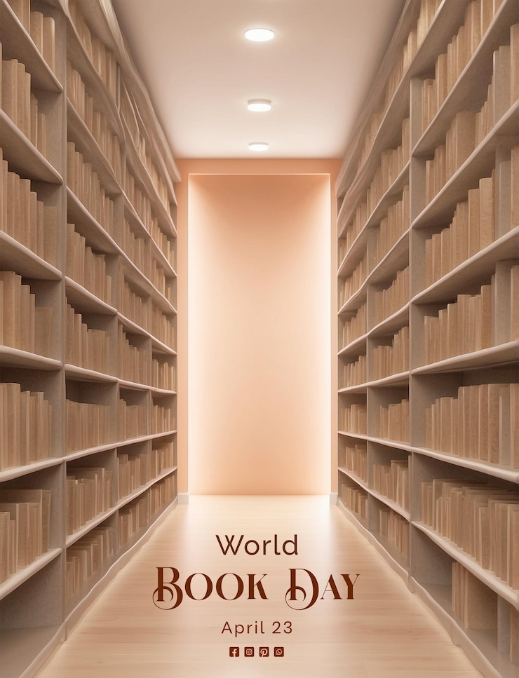 PSD concetto della giornata mondiale del libro entrambi i lati libro auto biblioteca scena del corridoio stretto sullo sfondo fuzz di pace