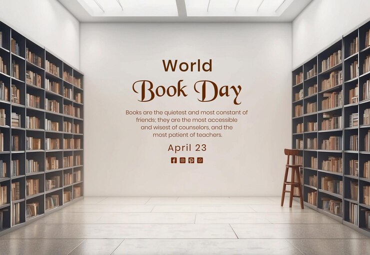 PSD concetto della giornata mondiale del libro entrambi i lati libro self corridore della biblioteca scena su sfondo tessuto parete bianca