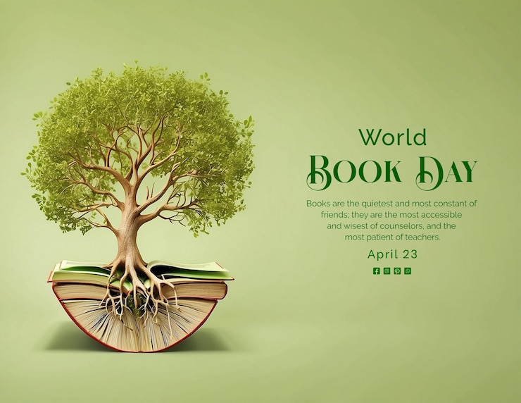 PSD concetto della giornata mondiale del libro un libro con decorazione di radici e rami di alberi su uno sfondo verde chiaro