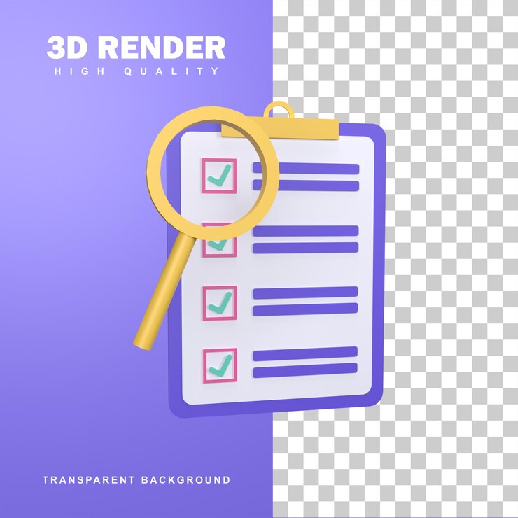 PSD concetto della lista di controllo della rappresentazione 3d con una lente d'ingrandimento