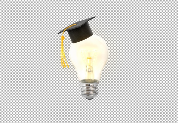 Concetto di apprendimento e idea lampadina incandescente con un cappuccio laureato isolato