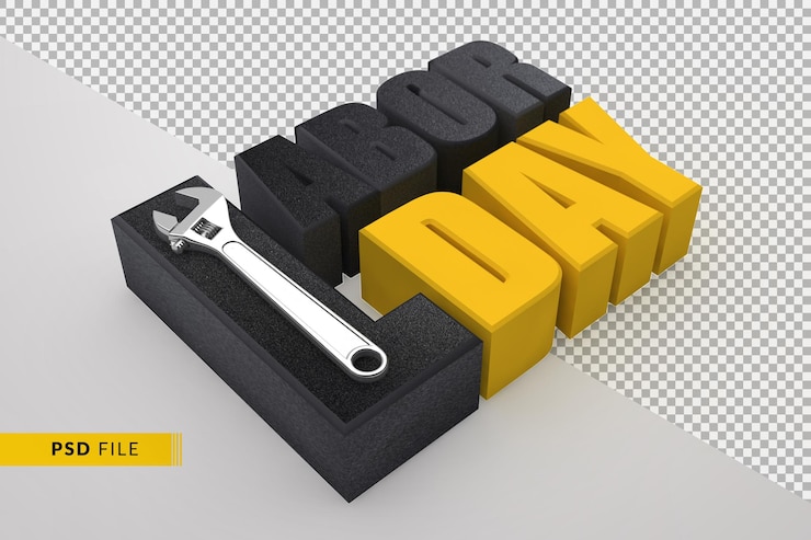 PSD concetto di celebrazione della festa del lavoro con modello isolato chiave 3d per utensili manuali