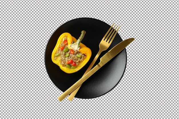 Concetto di cibo gustoso con pepe ripieno su sfondo grigio strutturato