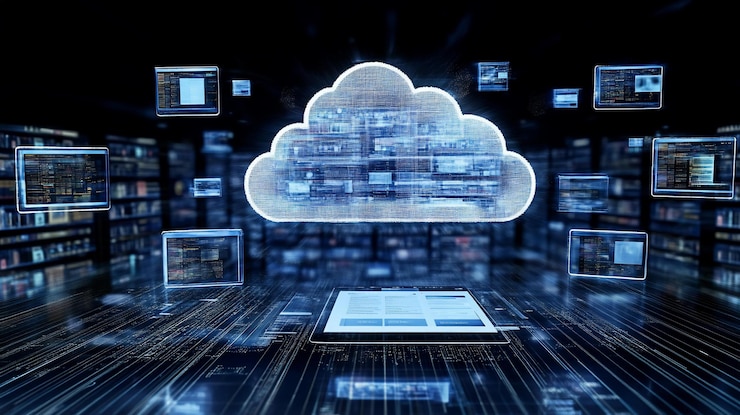 PSD concetto di cloud computing con schermi di dati digitali e tablet