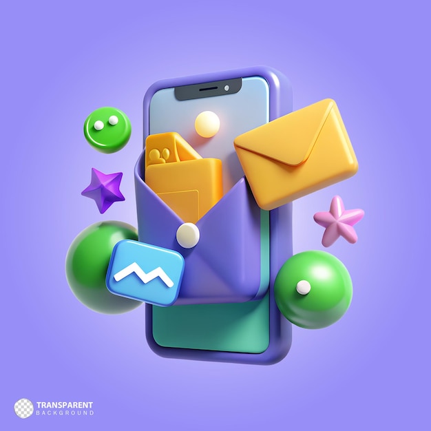 Concetto di comunicazione mobile 3D con messaggi, contatti, icone multimediali e design di interfaccia vibrante