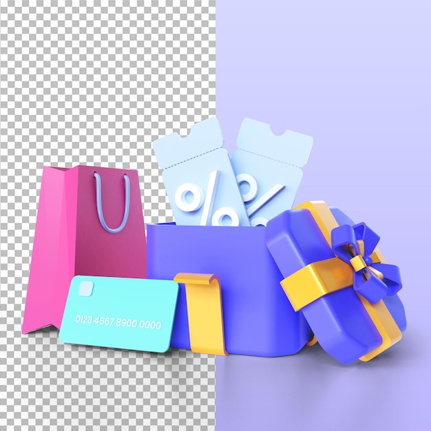 Concetto di coupon di rendering 3d che ottiene sconti e regali dallo shopping online