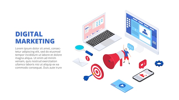 Concetto di design di marketing digitale isometrico con altoparlante per computer e smartphone