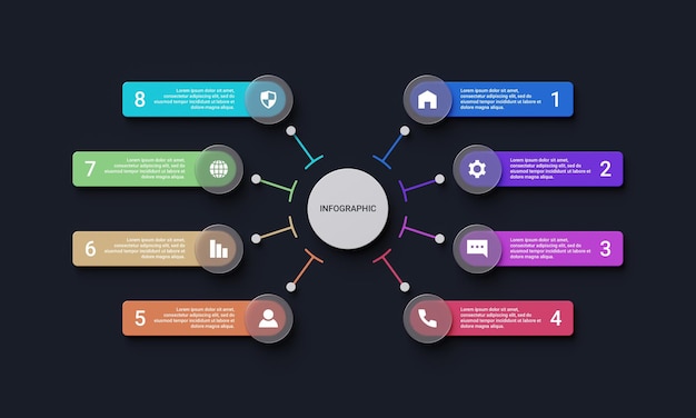 Concetto di modello di cronologia infografica con 8 opzioni