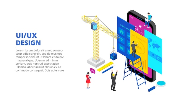 Concetto di progettazione dell'interfaccia utente con gru per smartphone e persone Illustrazione isometrica