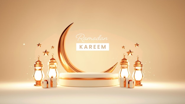 Concetto di Ramadan Kareem con 3D Golden Crescent Moon illuminato lanterne arabe stelle scatole regalo e podio vuoto su sfondo marrone lucido