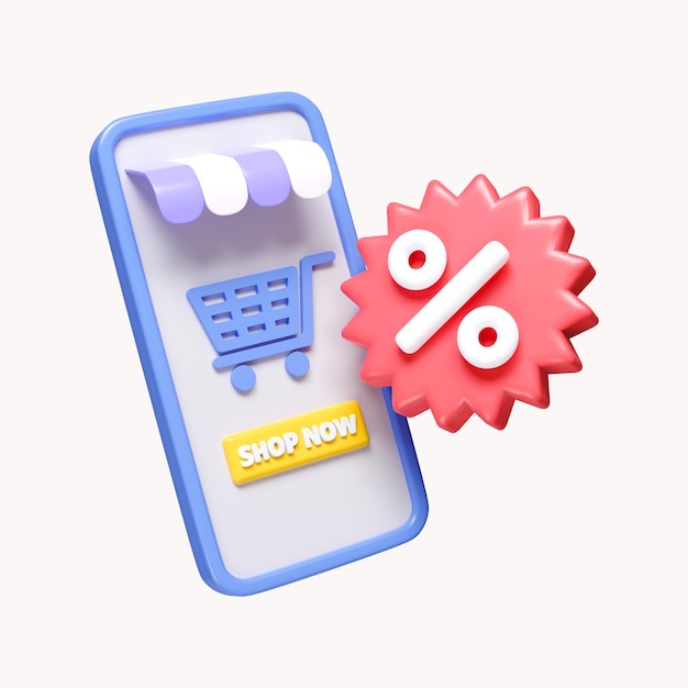 Concetto di shopping online 3d Offerta di sconto per la vendita Icona del carrello e dello smartphone isolata su sfondo bianco illustrazione del rendering 3d Percorso di ritaglio