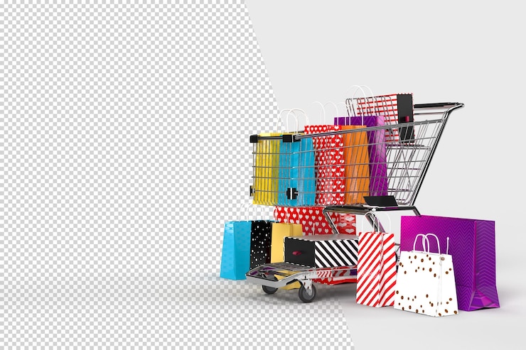 PSD concetto di shopping online con elementi dello shopping. progetta il marketing concettuale online. adatto per la promozione di negozi digitali. rendering 3d