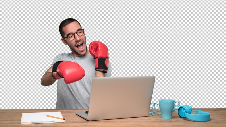 PSD concetto di un giovane uomo che lotta contro i prezzi su internet