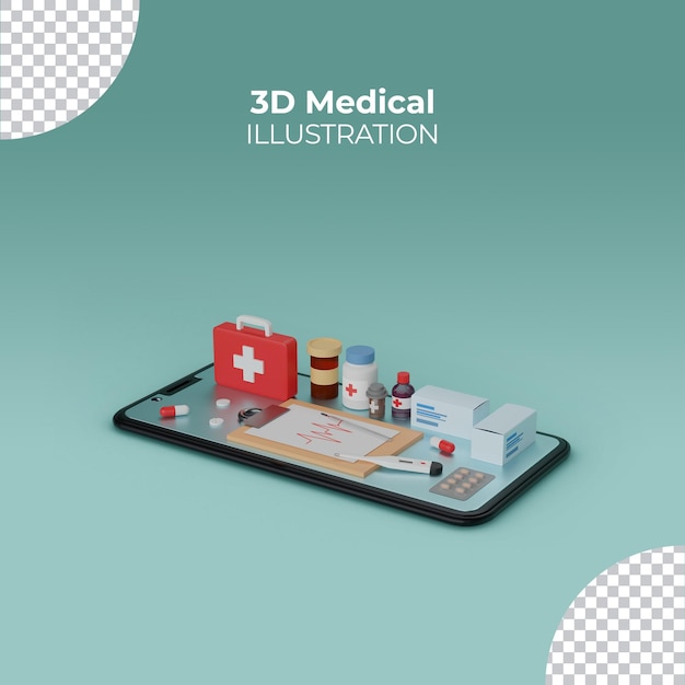Concetto di vendita di medicinali online con smartphone 3d reso