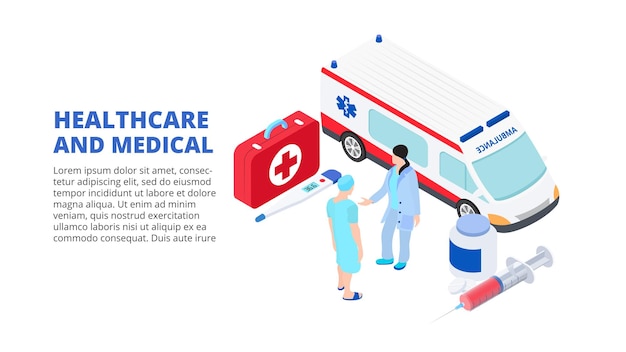 Concetto medico con auto ambulanza e medici Illustrazione isometrica