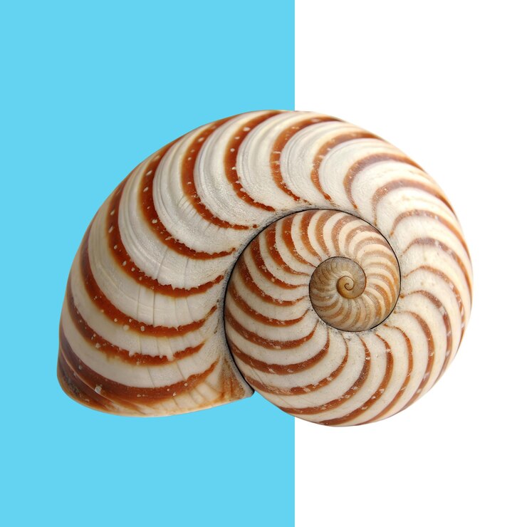 PSD concha de mar en primer plano de una hermosa concha de mar en espiral con rayas naturales fondo blanco transparente png