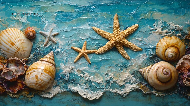 PSD conchas e estrelas-do-mar dispostas sobre um fundo azul texturizado que se assemelha a ondas oceânicas