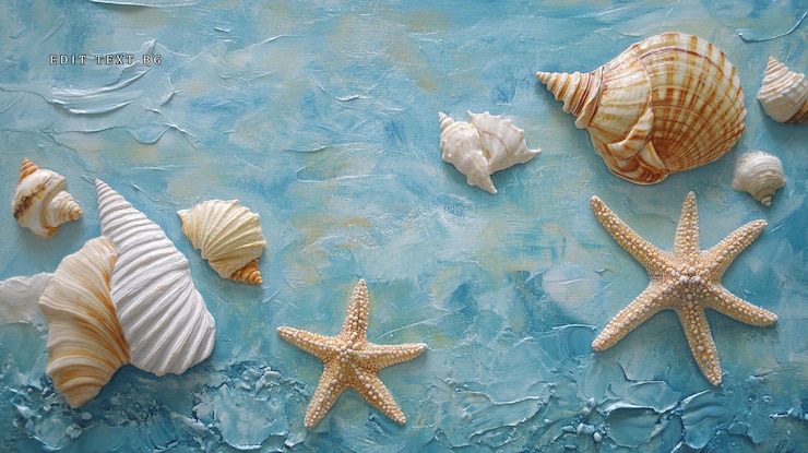 PSD conchas e estrelas-do-mar dispostas sobre um fundo azul texturizado