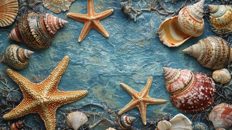 PSD conchas y estrellas de mar dispuestas sobre un fondo azul texturizado que crean un marco
