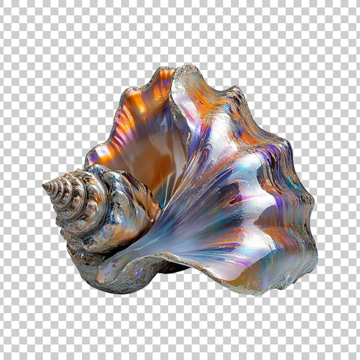 PSD conchas marinas iridescentes con efecto holográfico sobre un fondo transparente