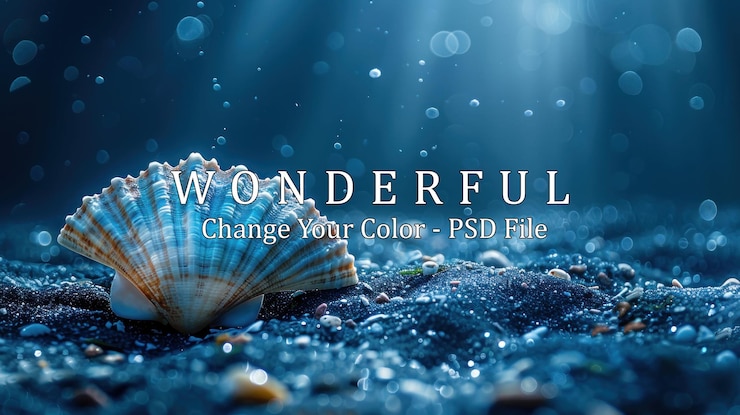 PSD conchiglie sulla spiaggia con acqua blu e bokeh
