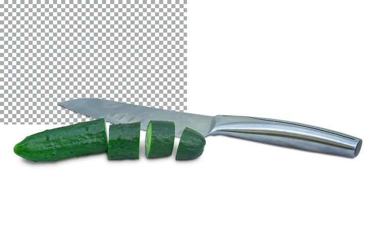 PSD un concombre frais coupé en tranches se trouve à côté d'un couteau en métal isolation sur fond transparent