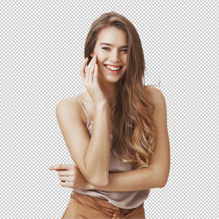 PSD concurso mulher sorridente tocando a bochecha e rindo