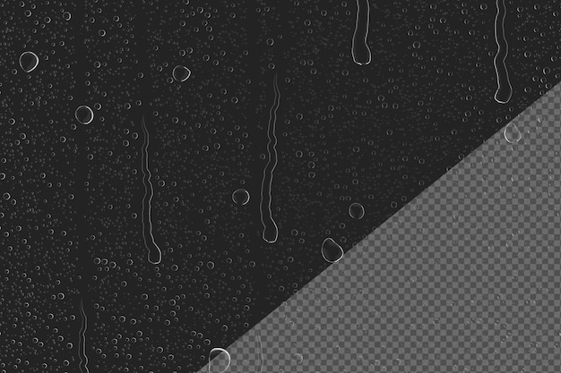 Condensação de gotas de água clara ou gotas de chuva isoladas em fundo de vidro preto renderização 3D Orvalho de padrão de gotas de aqua pura realista na superfície da janela escura textura fluida molhada