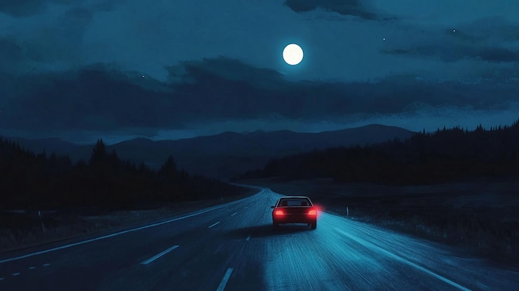 PSD condução noturna numa auto-estrada sob a lua cheia