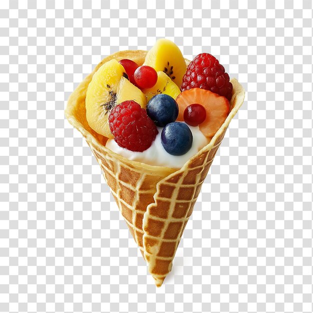 Cone de crepe con frutas sobre un fondo transparente