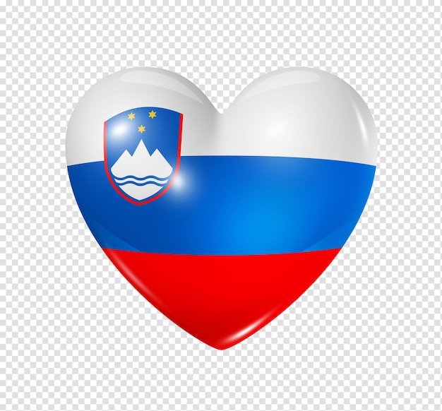 Ícone de bandeira do coração 3D do símbolo da Eslovênia isolado no branco com traçado de recorte