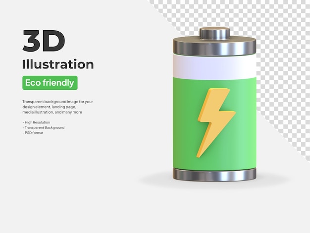 Ícone de bateria cheia de energia com símbolo de energia ilustração 3D render