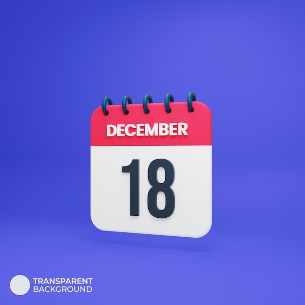 Ícone de calendário realista de dezembro 3D renderizado data 18 de dezembro