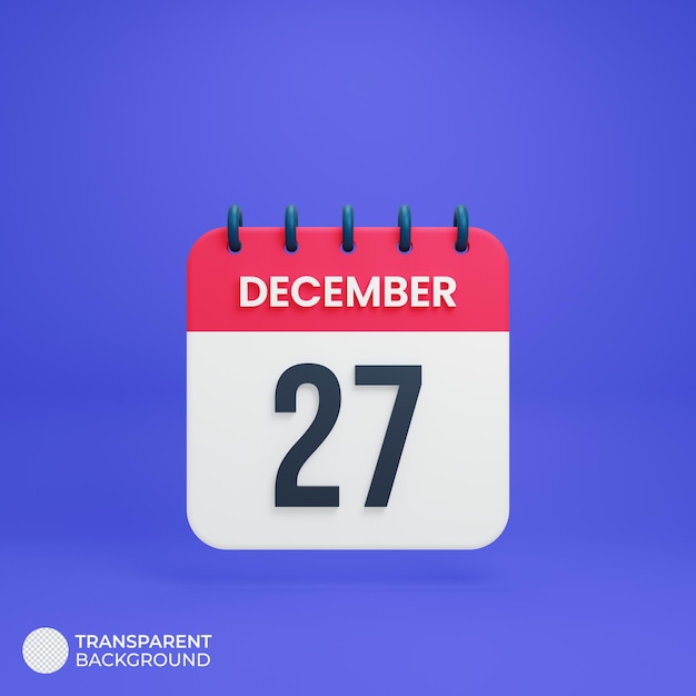Ícone de calendário realista de dezembro 3D renderizado data 27 de dezembro