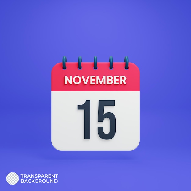 Ícone de calendário realista de novembro 3D renderizado Data 15 de novembro