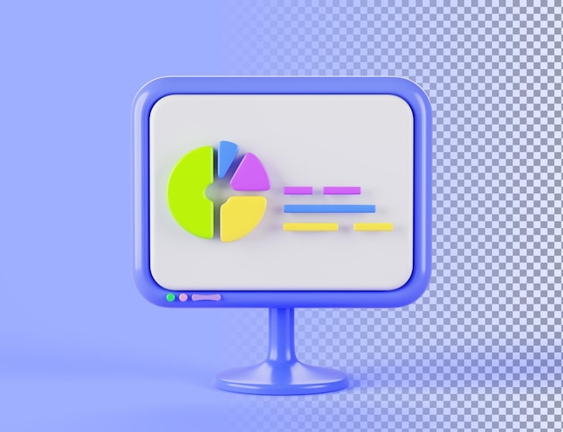 Ícone de monitor de computador com gráfico de gráficos de torta Diagrama infográfico redondo de renderização 3D em tela azul de computador Análise de dados financeiros Presentação de negócios de mercado de ações e bolsa Ilustração 3D