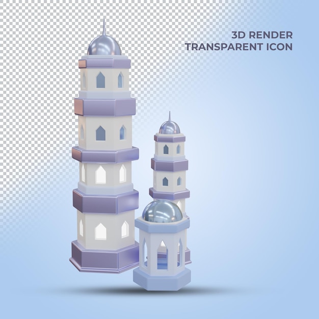 Ícone de renderização 3d da mesquita islâmica com vista frontal de fundo transparente