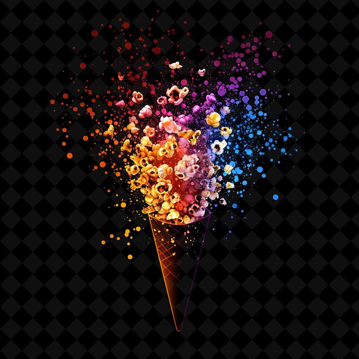 PSD cone di popcorn al caramello al neon costruito con caramello frantumato colore al neon cibo bevanda collezione y2k