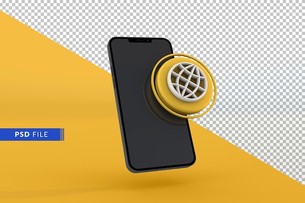 Ícone simples do mundo 3d e smartphone em fundo amarelo