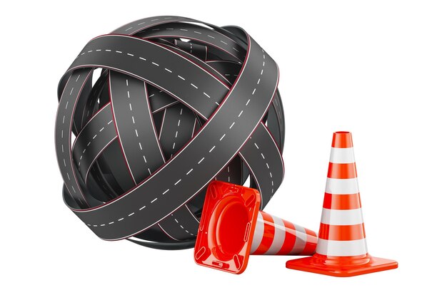 Cone de tráfico con carretera de peaje Concepto de mantenimiento de carreteras Rendering 3D aislado en fondo transparente