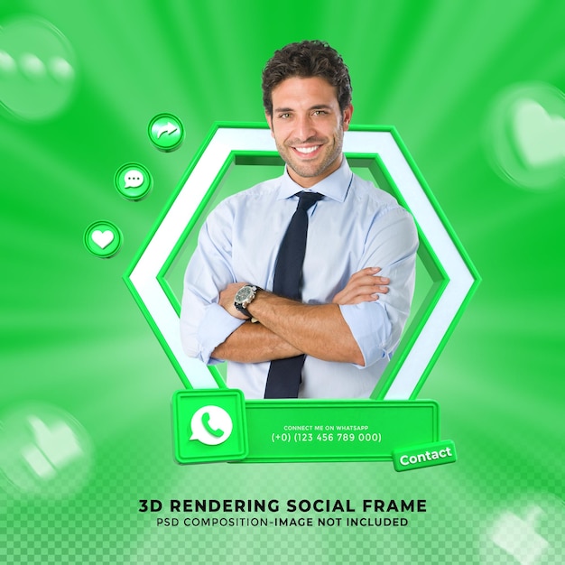 PSD conécteme en las redes sociales de whatsapp, el tercio inferior, el diseño 3d, el icono de renderizado, la insignia con el marco