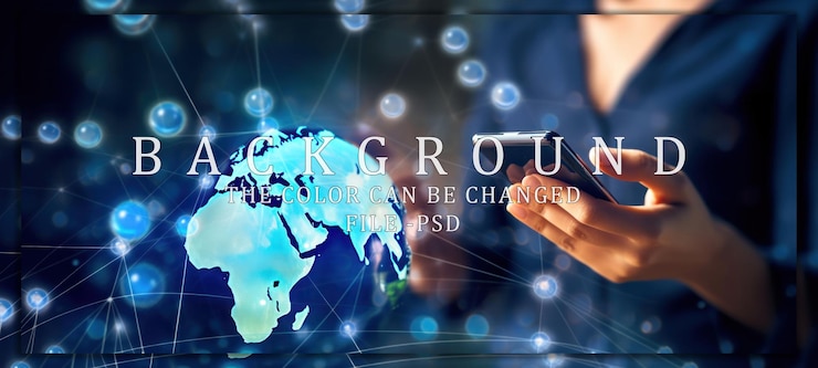 PSD conectividad global una mano sostiene un teléfono en el fondo de una tierra digital