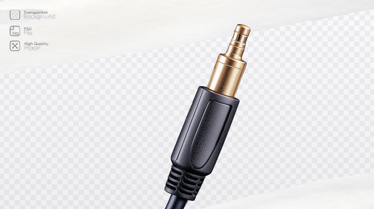 PSD conector de jack de audio con punta dorada y carcasa de plástico negro sobre un fondo transparente
