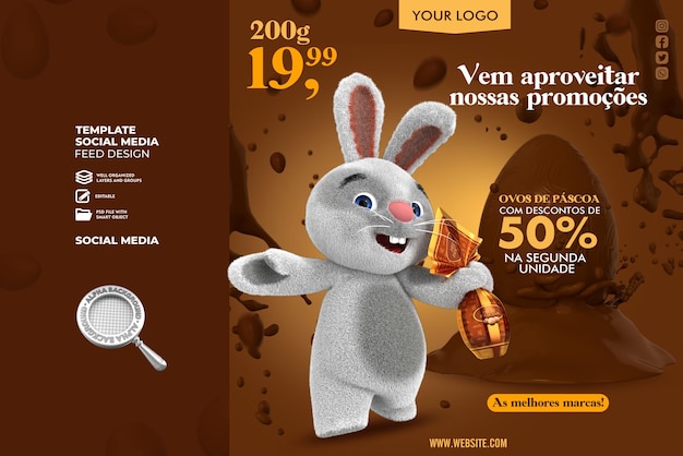Conejito de pascua blanco con elementos decorativos de chocolate PSD Premium
