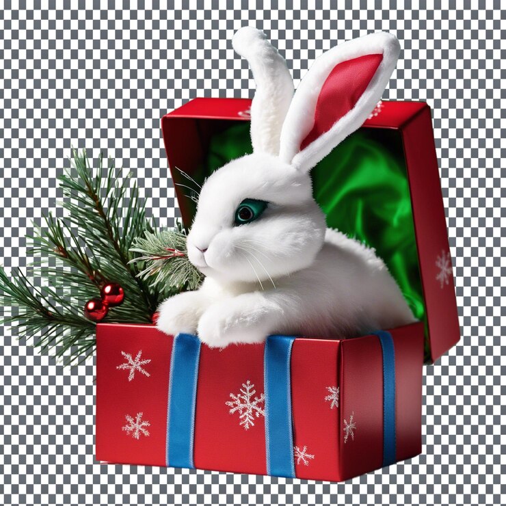 PSD conejo blanco de peluche en caja de regalo roja aislado sobre un fondo transparente