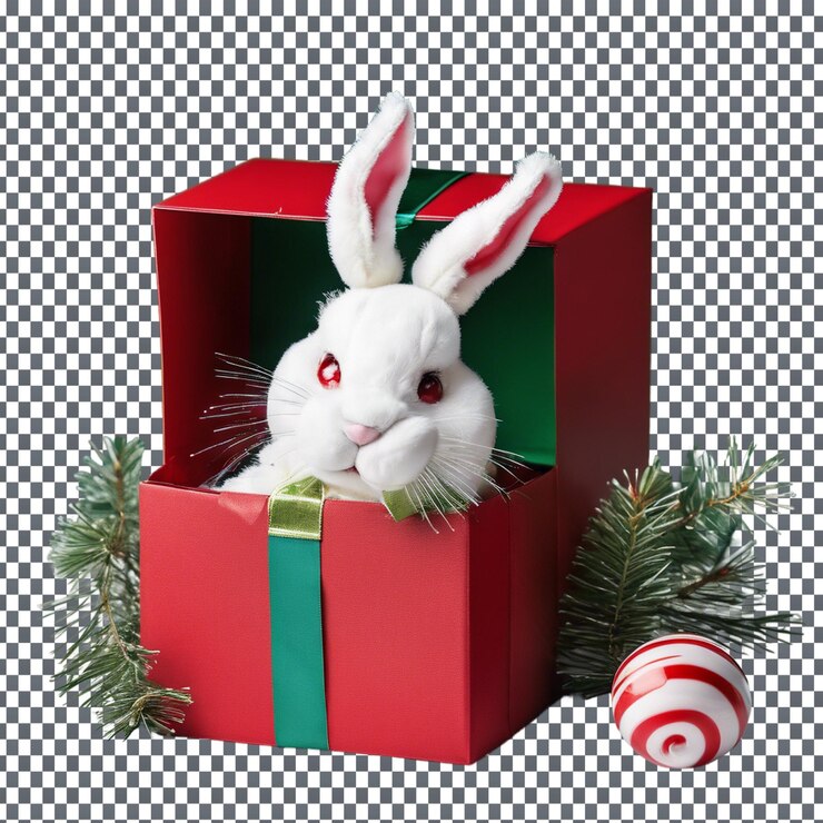 PSD conejo blanco de peluche en caja de regalo roja aislado sobre un fondo transparente