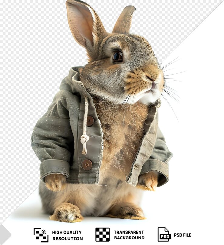 PSD conejo en una chaqueta en un fondo aislado con una manta a rayas rojas y blancas y una almohada a rayas negras y blancas en el fondo png psd