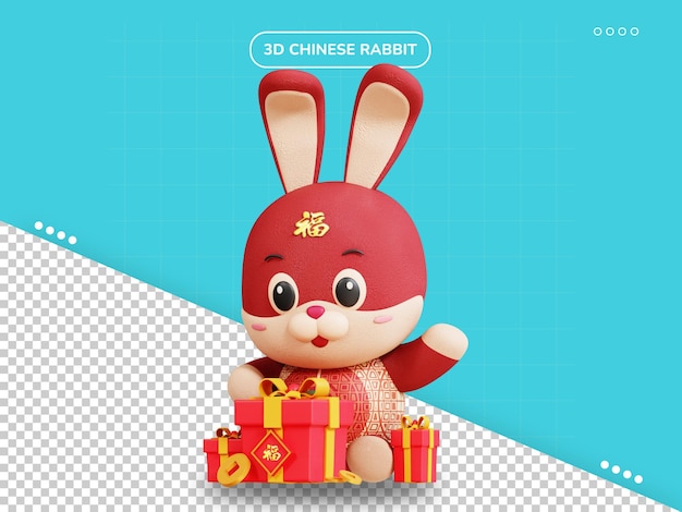 Conejo chino caja de regalo abierta personaje 3d