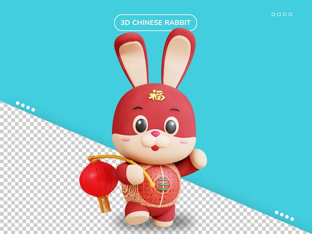 PSD conejo chino con lámpara china personaje 3d